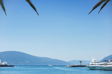 Fototapeta premium Beautiful vacation wallpaper with palm trees, sea and yachts on the horizon.