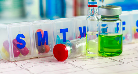 Drug prescription for treatment medication. Pharmaceutical medicament, cure in container for health. Pharmacy theme, capsule pills with medicine antibiotic in packages.