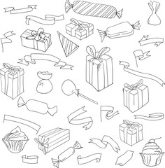 Decorative gift boxes and sweets sketch isolated on white.