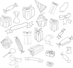 Decorative gift boxes and sweets sketch isolated on white.