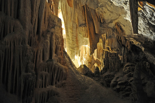 underground view of stalactites and stalagmites in natural halls in Postojna cave, Slovenia, Europe