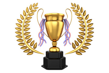 Fototapeta na wymiar 3d rendering of the golden trophy with a laurel wreath, isolated on white background with clipping paths.