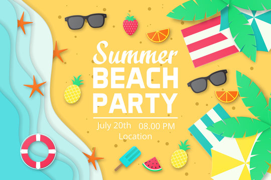 Template of summer party poster on the beach.Paper cut style. vector illustration