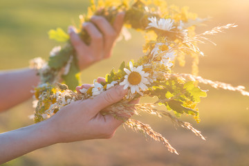 Midsummer in Latvia: celebration of Ligo - a young woman weave a wreath and collect field flowers