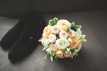 Beautiful wedding bouquet with different flowers, roses