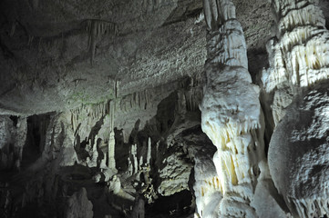 underground view of stalactites and stalagmites in natural halls in Postojna cave, Slovenia, Europe