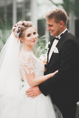 Romantic, fairytale, happy newlywed couple hugging and kissing in a park, trees in background