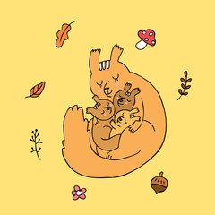 Cartoon cute mom and baby squirrel sleeping vector.