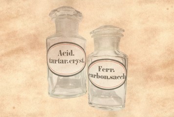 Antique Medicine Pharmacy BOTTLES with Label of Ferrous Carbonate Saccharated and Tartaric Acid Crystals on Original Antique PARCHMENT PAPER Texture