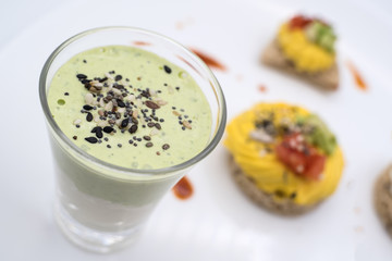 Catering soup food gourmet healthy ingredient mini glass detail preparation cooking vegetable sauce salt diet cup fruit vegan healthy dinner cream foam