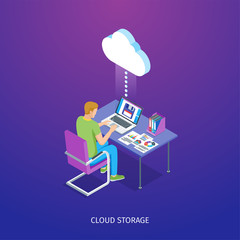 Cloud storage banner. A man working on computer storing data in the cloud storage. Isometric concept. Highly detailed vector illustration