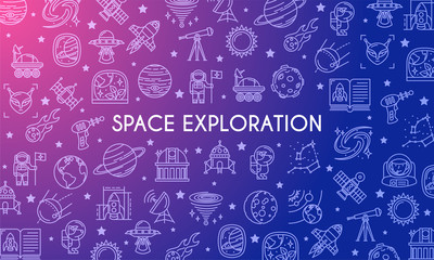 Space Exploration banner. Design template with thin line icons on theme solar system, rockets, planets and aliens. Vector illustration