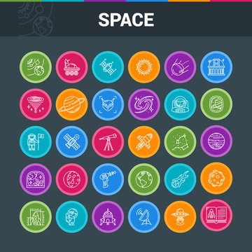 Space Exploration colorful icon set. Modern icons on theme solar system, rockets, planets and aliens. Vector illustration