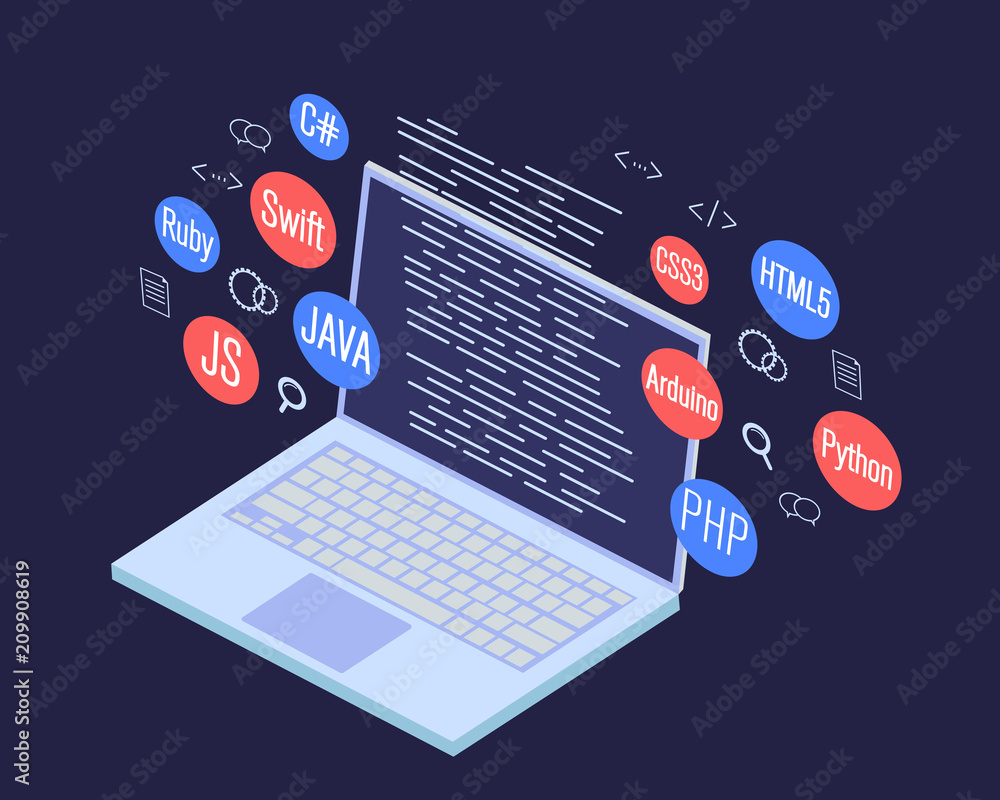 Poster programming banner, coding, best programming languages, isometric illustration concept
