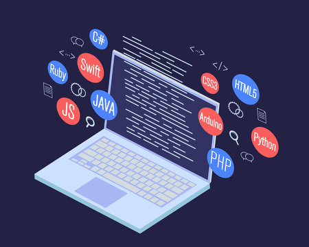 programming banner, coding, best programming languages, isometric illustration concept