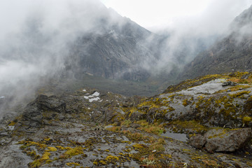 Mount Baker partly covered by clouds in the Rwenzori Mountains, Uganda