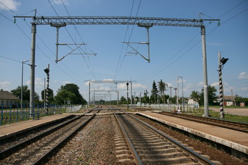 Fototapeta na wymiar Electrified railway. Supports power of electric trains.