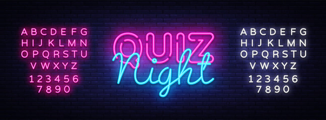 Quiz night announcement poster vector design template. Quiz night neon signboard, light banner. Pub quiz held in pub or bar, night club. Pub team game. Questions game. Vector. Editing text neon sign