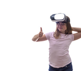 Girl  using a virtual reality headset. Isolated on white background