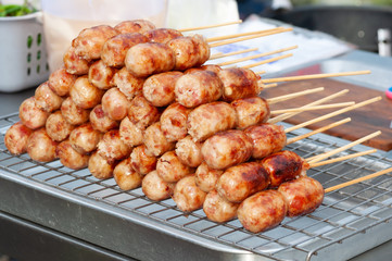 Grilled thai sausages, a kind of street food in Thailand