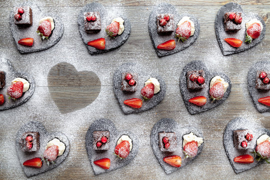 Strawberry and Brownie hors d'oeuvres on heart shaped plates