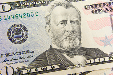 Front of the fifty dollar bill with a Portrait of President Ulysses Simpson Grant . The 18th U.S. President  Ulysses S. Grant close-up