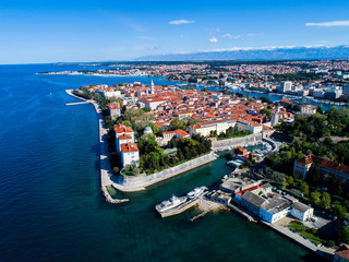 Zadar peninsula with pier and beautiful old city, shot with aerial drone, Adriatic sea (Jadransko More), Croatia - obrazy, fototapety, plakaty