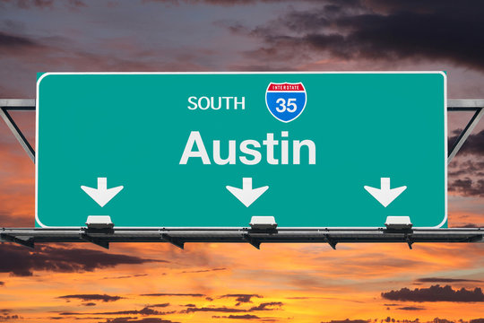 Austin Texas Route 35 Freeway Sign with Sunset Sky