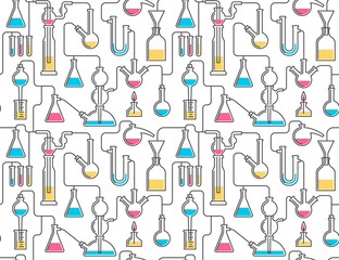 Seamless pattern from chemical glassware, flasks, reactions. Included in swatches panel.