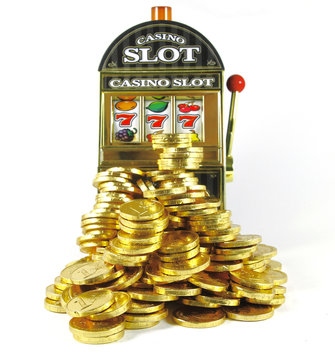 retro slot machine with 777 and lots of gold