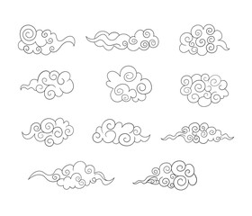 Vector Design Elements Set, Tradition Asian Art, Outline Clouds Background.