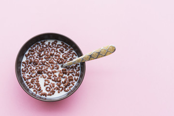Dry breakfast with milk in plate with spoon pattern on pink background  top view
