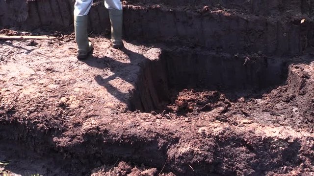 Fitting and Cutting Turf Peat with a spade in a Moss Bog in Ireland