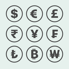 Currency exchange sign icons. Dollar, euro, pound sterling, rupee, yen, franc, lira, bitcoin, won symbols in circles. Flat design. Vector.
