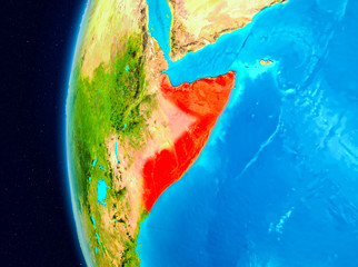 Space view of Somalia in red