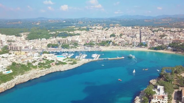 Aerial view landscape of the beautiful bay of Cala Anguila with a wonderful turquoise sea, Porto Cristo, Majorca, Spain