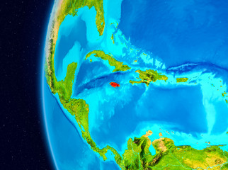 Space view of Jamaica in red