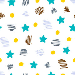 Hand drawn seamless pattern of stars, scribbles and dots.