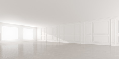 Perspective of the sun light cast the shadow on white empty room and  laminate wood floor,classic...