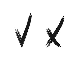 Vector Tick and Cross Icons, Black Scribble Lines Background, Black and White Illustration.
