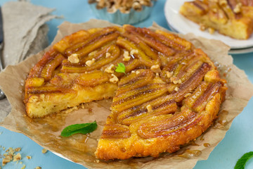 Banana tart tarte tatin with caramel and walnuts