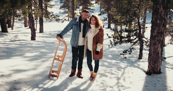 Happy young couple with sledge standing in snowy forest park