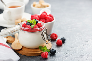 Delicious italian dessert panna cotta with raspberry sauce, fresh berries and mint on gray background.