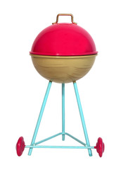 What's cooking on the grill? Isolated red, aqua, and brown toy kettle bbq grill.