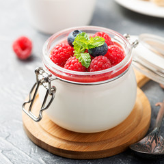 Delicious italian dessert panna cotta with raspberry sauce, fresh berries and mint on gray background.