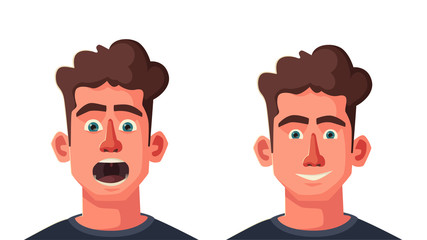 Dentist looking into open mouth of patient. Funny afraid person. Cartoon vector illustration