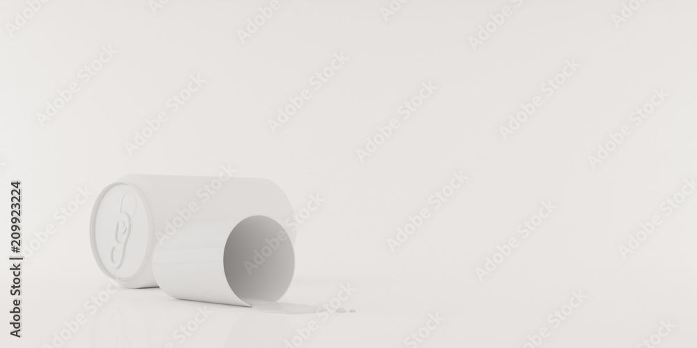 Poster mock-up of white cup and can with liquid on white background,3d rendering