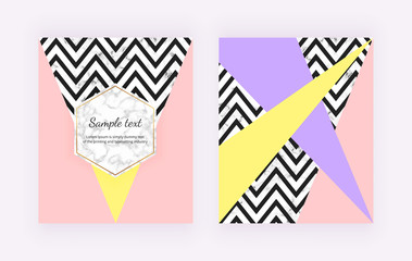 Modern backgrounds with geometric design, black and white lines, pink and yellow triangular shapes. Summer covers for invitation, placard, birthday, brochure, banner, layout, card, flyer