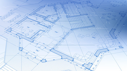 architectural blueprint - the architectural plan of a modern residential building with the layout of the interiors of different rooms, elements of furniture & equipment on a  technological background