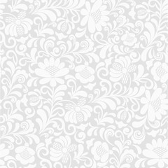 Fototapeta na wymiar Seamless grey background with white floral pattern. Vector retro illustration. Ideal for printing on fabric or paper for wallpapers, textile, wrapping.